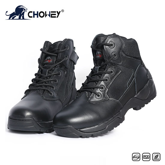 Black Tactical Boots High-Shine Leather Heel & Toe with Goodyear Storm Welt and Slip-Resistant Outsole