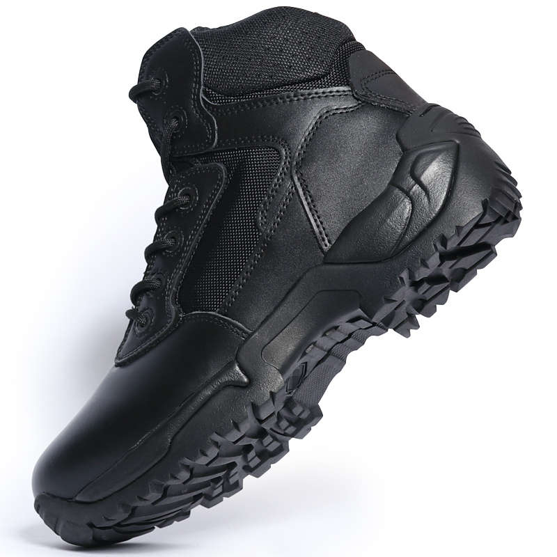 Black Tactical Boots High-Shine Leather Heel & Toe with Goodyear Storm Welt and Slip-Resistant Outsole