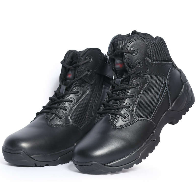 Black Tactical Boots High-Shine Leather Heel & Toe with Goodyear Storm Welt and Slip-Resistant Outsole