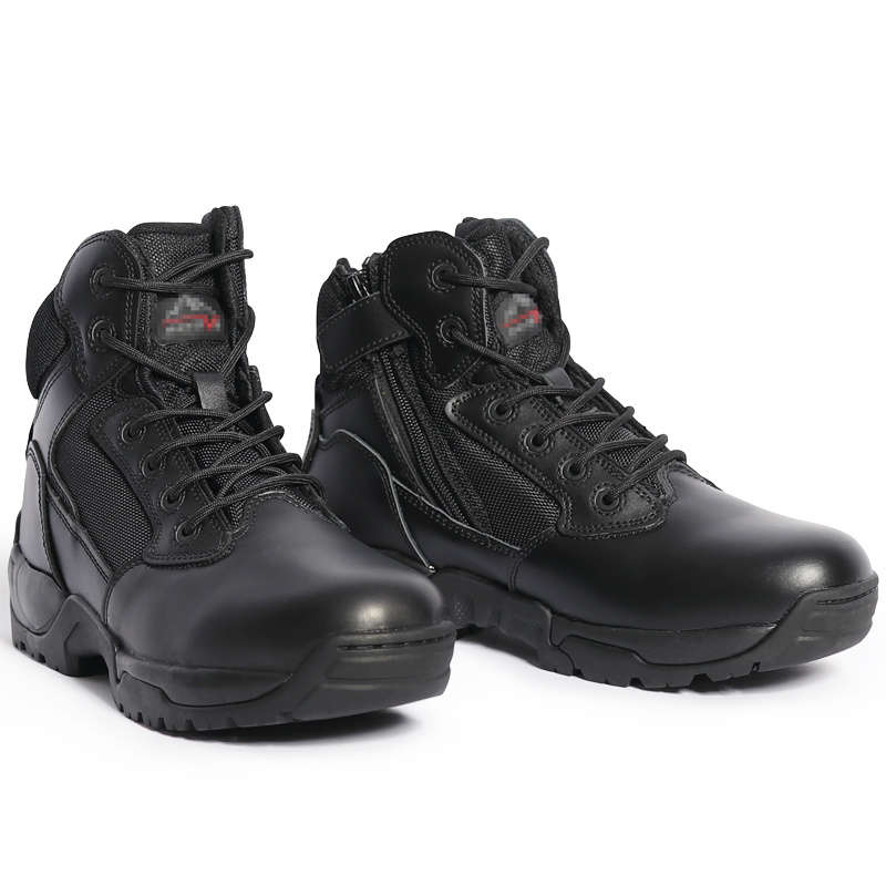 Black Tactical Boots High-Shine Leather Heel & Toe with Goodyear Storm Welt and Slip-Resistant Outsole