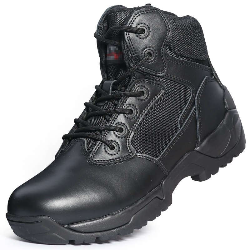 Black Tactical Boots High-Shine Leather Heel & Toe with Goodyear Storm Welt and Slip-Resistant Outsole