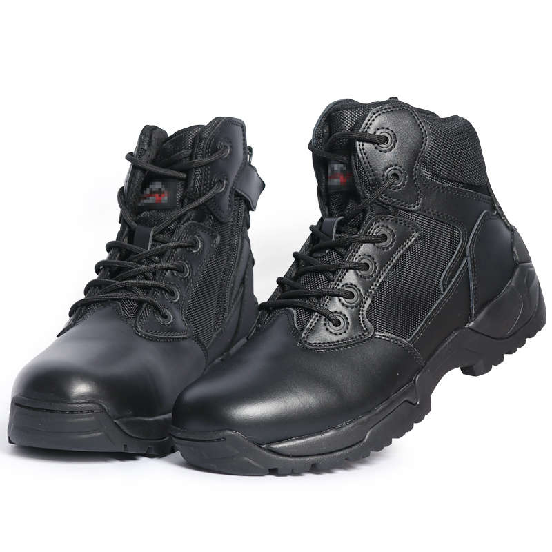 Black Tactical Boots High-Shine Leather Heel & Toe with Goodyear Storm Welt and Slip-Resistant Outsole